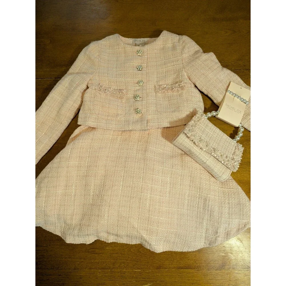 Rachel Zoe Girls Tweed Dress & Jacket Set Pale Pink Pearl Trim Size 4 Elegant...